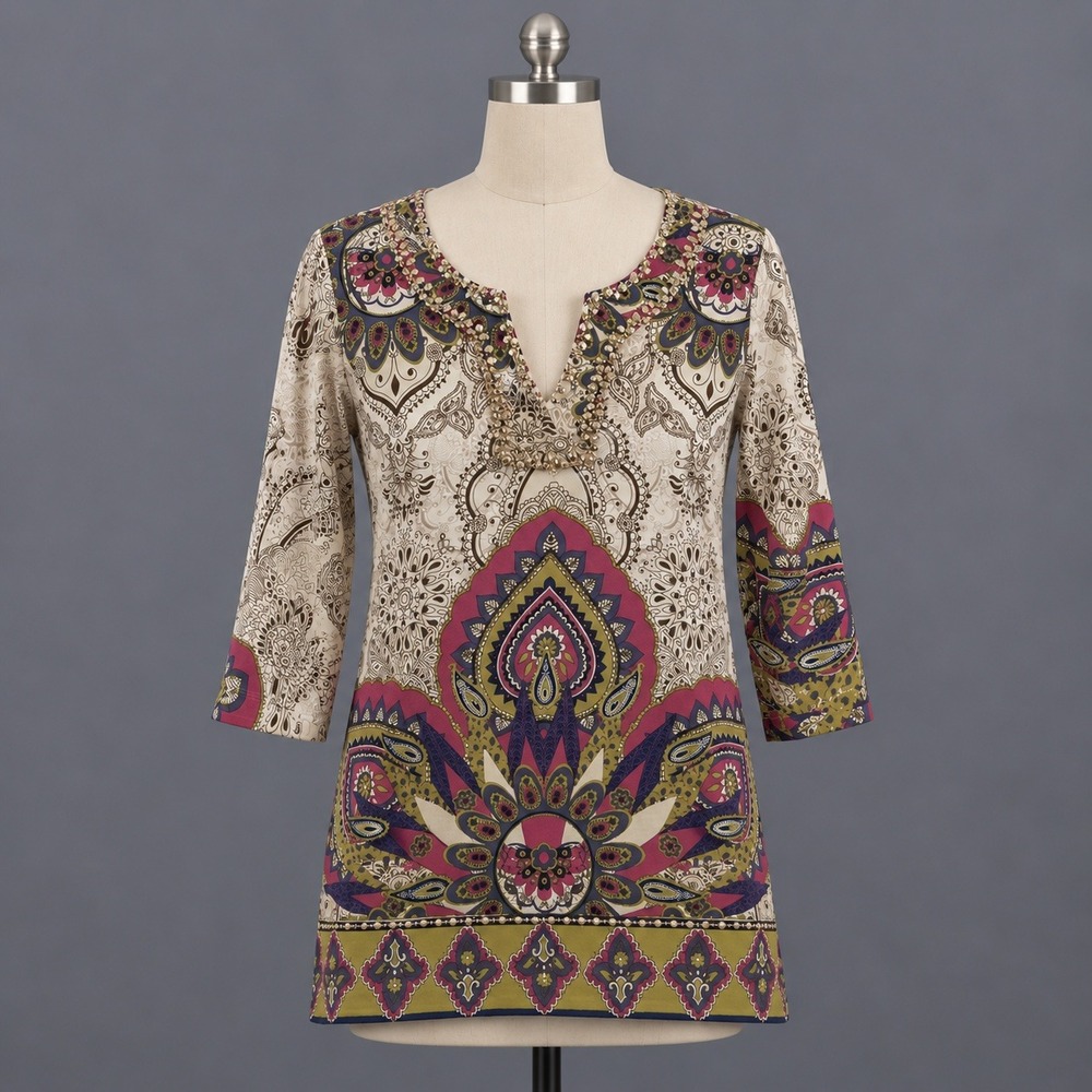 Soft Surroundings Tunic Top Women's M Paisley Embellished 3/4 Sleeve Boho Pink